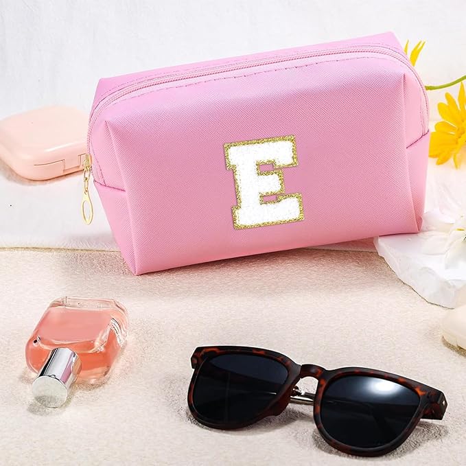 Initial Makeup Bag for Women Travel Small Cosmetic Bag Cute Pink Personalized Preppy Makeup Pouch for Purse Zippered Toiletry Organizer PU Leather Makeup Bag Makeup Case for Christmas(E)