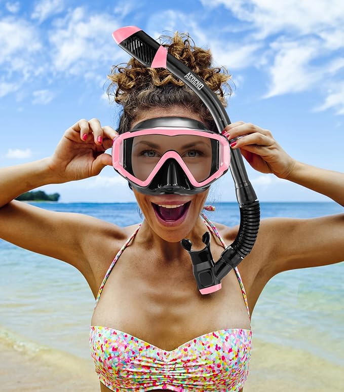 Aegend Snorkeling Gear for Adults Youth Kids, Dry Snorkel Set Panoramic View Enhanced Anti-Leak and Anti-Fog Technology, Adjustable Strap for Snorkeling Scuba Diving Swimming with Mesh Bag