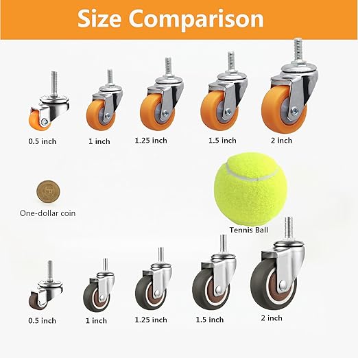 1.25" M6x15 Stem Casters Bolt Threaded Wheels,TPR Mute Rubber Swivel Single Caster Screws in Wheel Small with 2 Brake Locks-Orange