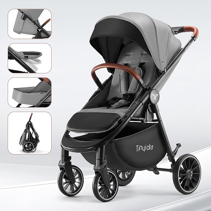 Tinyiota Stroller for Babies,Toddler Strollers with Large UPF 50+ Canopy,Luxury Baby Stroller with Leather Handle & Spacious Seat, One-Hand Foldable Pushchair,Baby Carriage with Lie-Flat Mode(Gray)