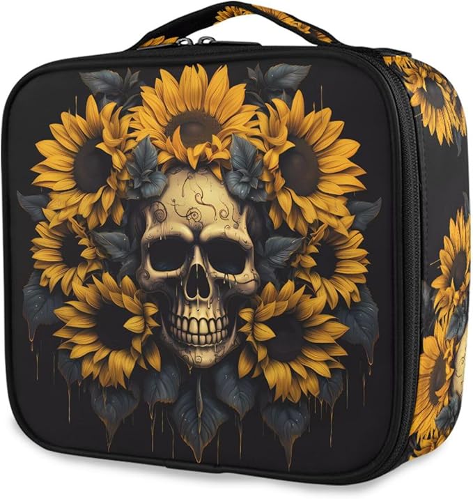 MNSRUU Travel Makeup Bag, Skull and Sunflower Women Makeup Case Organizer Cosmetic Toiletry Bag for Teenage Girl with Adjustable Dividers