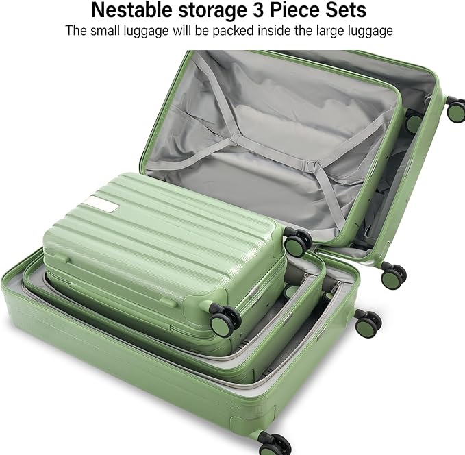 Hanke Expandable Hardshell Luggage Sets 3 Piece Extra Large Suitcases with Lock,28 Inch Luggage with Spinner Wheels, PC Travel Suitcase for Women Men 20 24 29Inch,Bamboo Green