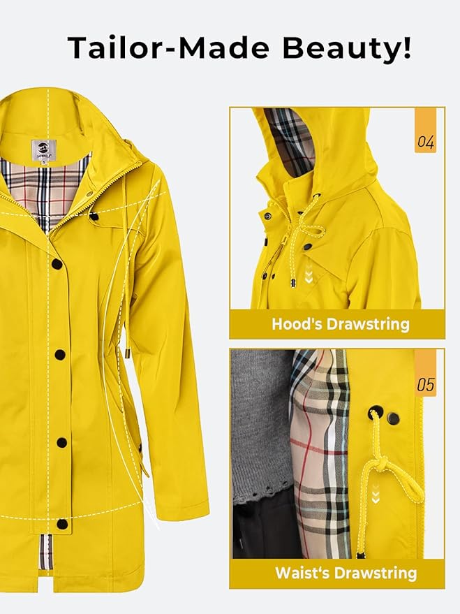SaphiRose Women's Long Hooded Rain Jacket Outdoor Raincoat Windbreaker
