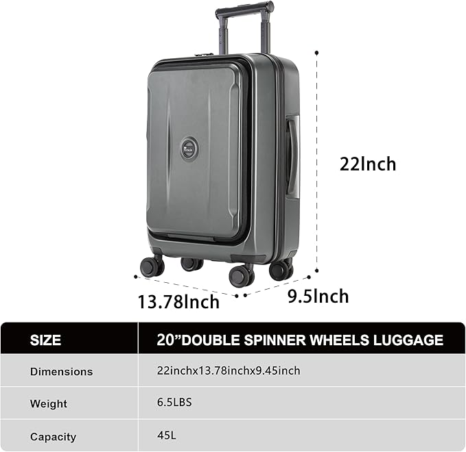 Carry On Luggage with Front Pocket & USB Port, PC Hardside 20 Inch luggage with Spinner Wheels & Built-in TSA Lock, Durable Lightweight Rolling Suitcase, Carry-On 20-Inch, Gray