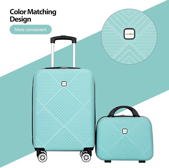 2 Piece Carry on Luggage Set, Airline Approved 20 Inch Luggage with Cosmetic Case Hard Shell Suitcase with Spinner Wheels, Aqua Blue