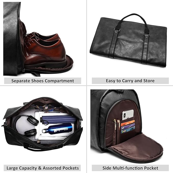Carry on Garment Bags for Travel Leather Garment Duffle Bag Convertible Mens Suit Travel Bags with Shoe Compartment,Waterproof,Perfect for Business Travel/Husband Gifts (Black)