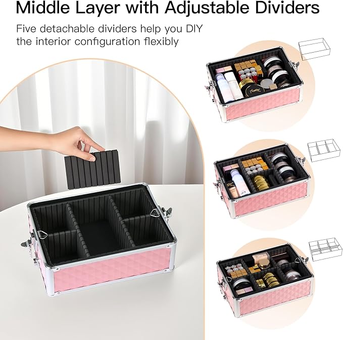 Professional Rolling Makeup Case, Cosmetology Case on Wheels 4 in 1 Large Cosmetic Train Case, Ideal Gift for Hairstylist, Nail Techs, Portable Beauty Organizer for Travel or Salon Use,pink