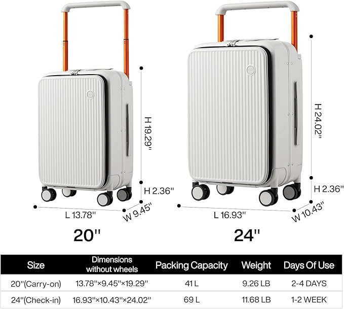 mixi Carry On Luggage 20'' Suitcase with Front Laptop Pocket, Wide Handle Rolling Travel Suitcases PC Hardshell with Aluminum Frame Spinner Wheels & TSA Lock, Carry-On Luggage(Smoke White)