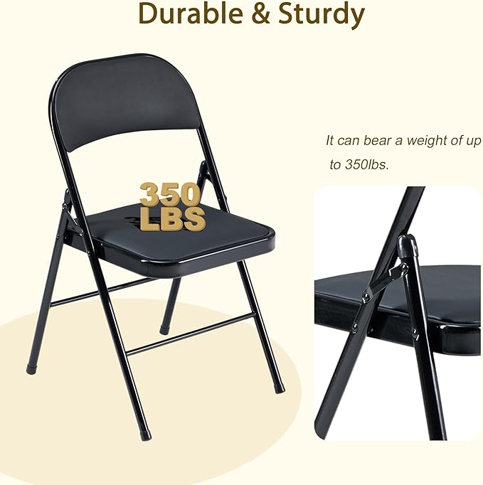 Black Folding Chairs 50 Pack with Padded Cushion and Back, Foldable Outdoor Chairs with 330-LBS Capacity, Portable Heavy Duty Metal Frame Commercial Seat for Party Kitchen Dinning Events Wedding