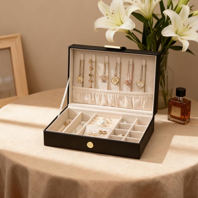 Leather Strap Closure Jewelry Box Single Layer Organizer Case for Necklaces, Earrings, Rings, Compact for Travel & Home Storage Black