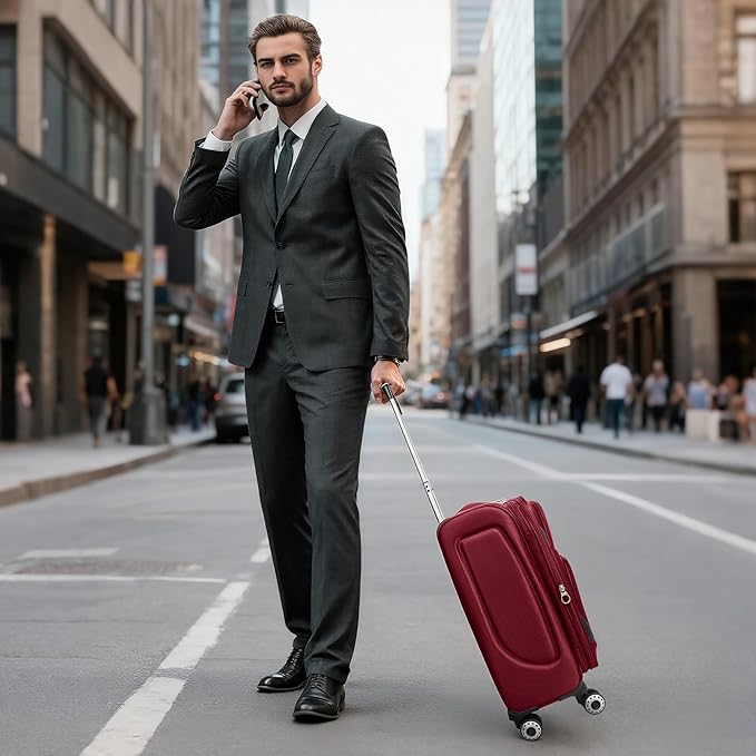 20" Luggage, Softside Suitcase with LOCK,Expandable Luggage w/Double Spinner Wheels, Lightweight Rolling Suitcases for Travel Carry On Luggage(Burgundy-Grey,20in)