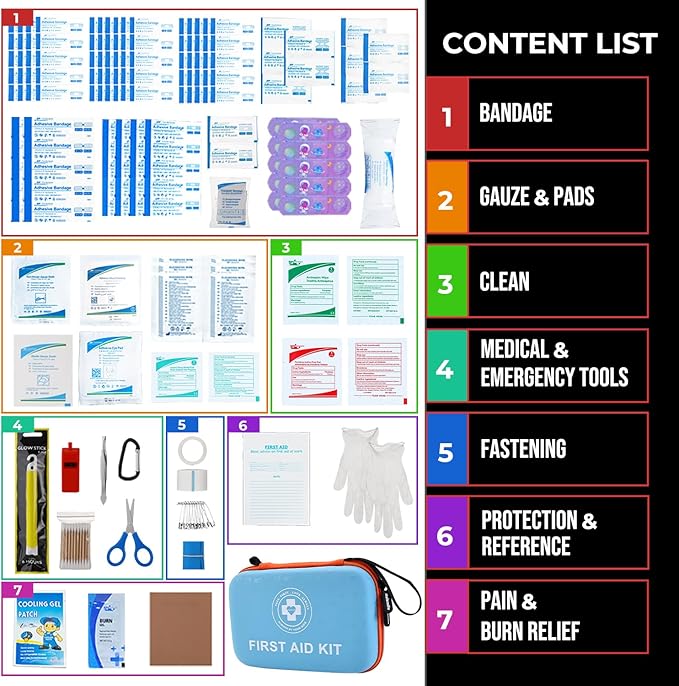 Premium First Aid Kit - 305 Piece Dual-Color Emergency Kit with Hard Shell & Fluorescent Interior Coating, Compact Survival Kit for Home, Car, Travel, Hiking & Outdoor(Blue/Orange)