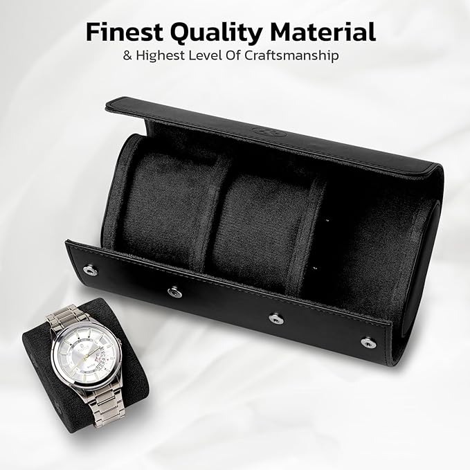 W&S Watch Roll Travel Case for Men and Women with 3 Watch Storage Organizer - Secure Storage with Innovative Removable Pillows & Solid Dividers for Home, Travel and Display (Black)