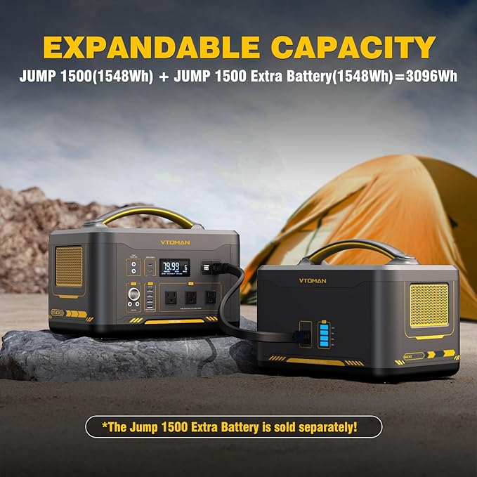 VTOMAN Jump 1500X Portable Power Station with Jumper Cables, 828Wh LiFePO4 Battery Solar Generator & Car Jump Starter, 1500W AC Outlet, 100W PD Type-C&Regulated DC for Home Backup Roadside Emergencies