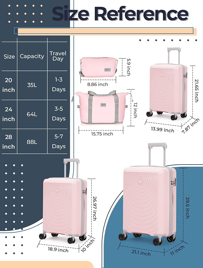 Luggage Sets 5 Piece,Lightweight,Impact-Resistant,Wear-Resistant Suitcases with Wheels, Hardshell Suitcase Set with Spinner Wheels, PP Carry on Luggage Set with TSA Lock, Travel Luggage