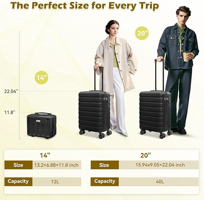 AnyZip Suitcase, 20" Carry On Luggage 14" Mini Cosmetic Cases Luggage Sets Hardside PC ABS Lightweight USB Suitcase with Wheels TSA for kids (2-Piece Set (14/20),Black)