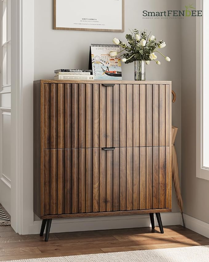 Shoe Storage Cabinet, Fluted Shoe Cabinet Storage for Entryway, Walnut Hidden Shoe Cabinet with Metal Legs,Shoe Organizer Cabinet with Flip Doors, Slim Entryway Shoe Storage Cabinet (31.5in)