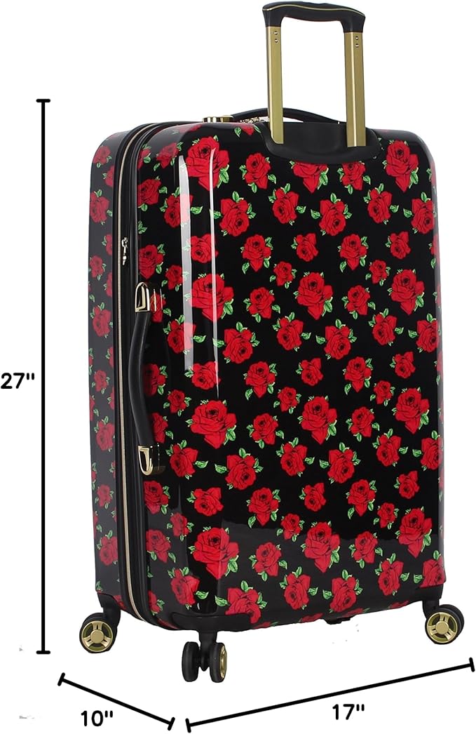 Betsey Johnson 26 Inch Checked Luggage Collection - Expandable Scratch Resistant (ABS + PC) Hardside Suitcase - Designer Lightweight Bag with 8-Rolling Spinner Wheels (Covered Roses)