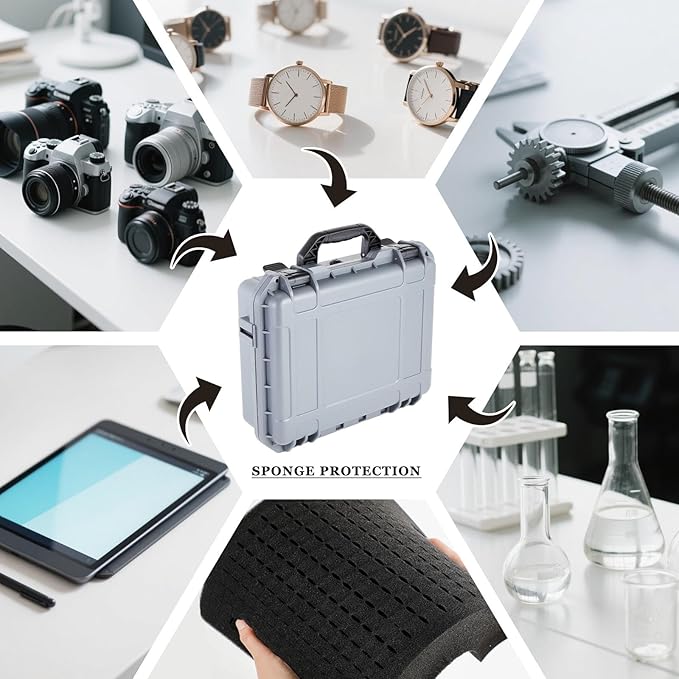 1 Pcs 11.3 x 8.7 x 4.2 Inch Waterproof Hard Case with DIY Customizable Foam Insert Portable Protective Case with Knife for Camera Drones Equipments Tools Test Instruments (Gray)