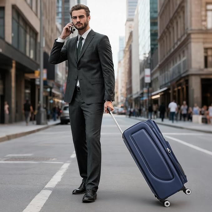 24'' Softside Expandable 15% Rolling Luggage with Double Spinner Wheels & w/LOCK,Lightweight Travel Luggage for Men Women(Navy-Grey,24in)