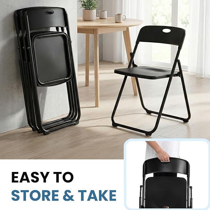 30 Pack Black Plastic Folding Chairs, Indoor Outdoor Portable Stackable Commercial Seats with Steel Frame for Home Office Wedding Party Events Kitchen Dining, 350lb Capacity