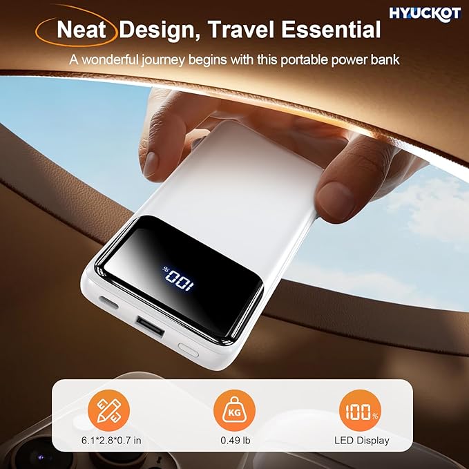 Portable Charger Power Bank with Built-in Cables and Wall Plug, 10000mAh Slim USB-C Battery Pack, 15W Fast Charging Travel Essential Portable Phone Charger Compatible with iPhone, Samsung (White)