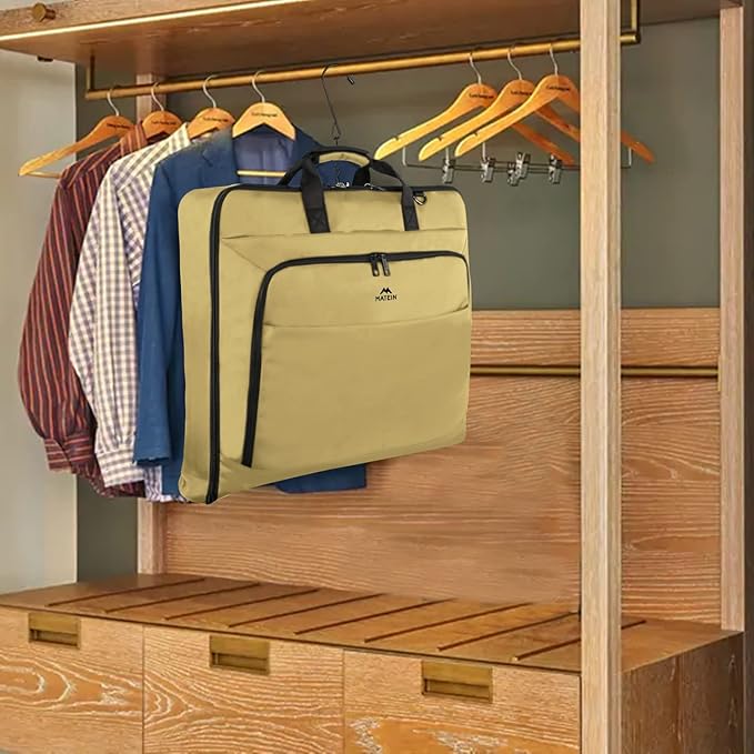 MATEIN Travel Garment Bag for Hanging Clothes, Large Suit Travel Bag with Pockets & Shoulder Strap for Business Trip, Professional Wrinkle Resistant Foldable Suit Storage Carrier Luggage, Khaki