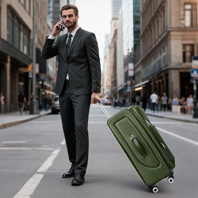 28" Large Softside Expandable 15% Checked Luggage with Double Spinner Wheels LOCK,Lightweight Travel Suitcase for Men/Women(Green-Grey,28in)