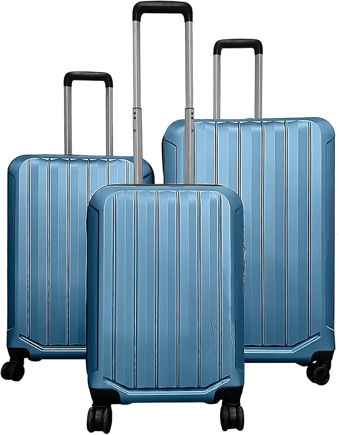 GYMAX Luggage Sets 3 Pieces Hardside Suitcase with Spinner Wheels & Lock, 20” Carry On, 24” & 28” Checked Luggage Set, Lightweight Portable for Travel, Business (Blue,Vertical Stripe)
