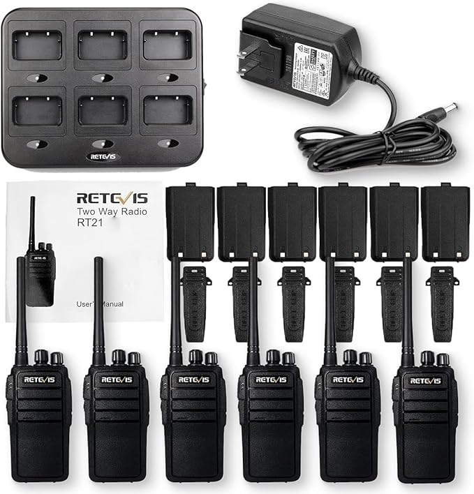 Retevis RT21 2 Way Radio Long Range, Walkie Talkies for Adults, Heavy Duty Rechargeable Two Way Radios with Six-Way Charger, for Manufacturing Education(6 Pack)