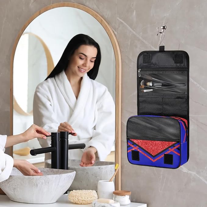 Custom Hanging Toiletry Bag for Women, Cheer Makeup Bag, Cosmetic Bag, Travel Essentials for Women Red Sequins Glitter Black Royal Blue