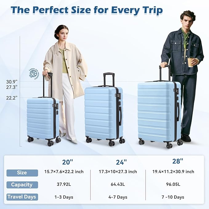 AnyZip Suitcase Hardside PC ABS Lightweight USB Luggage with Wheels TSA Lock Checked-Medium 24 Inch Light Blue