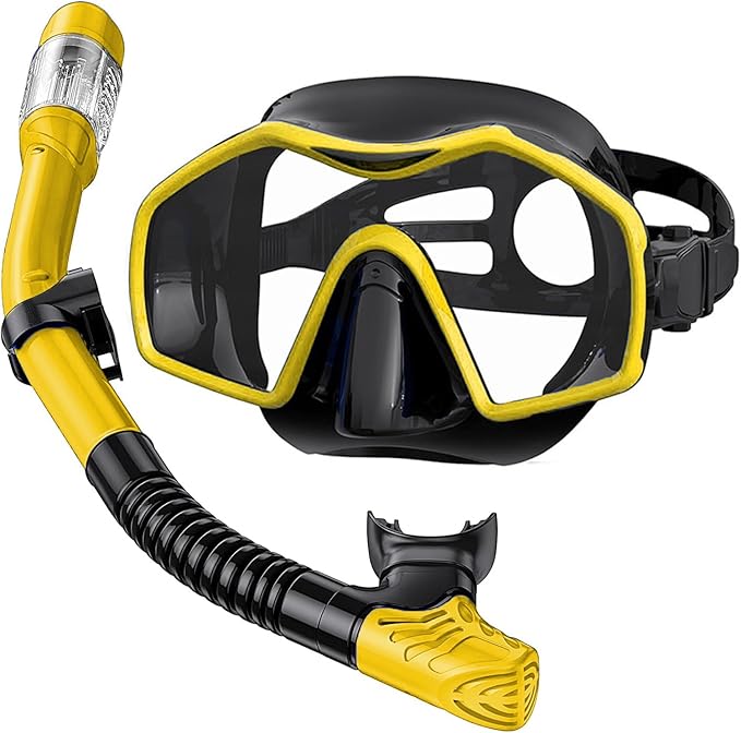 Snorkeling Gear for Adults,Dry-Top Snorkel Mask Set with Tempered Glass,Anti-Fog & Anti-Leak Panoramic Swim Mask,Adjustable Snorkel Kit with Carry Bag for Scuba Diving,Swimming,Travel