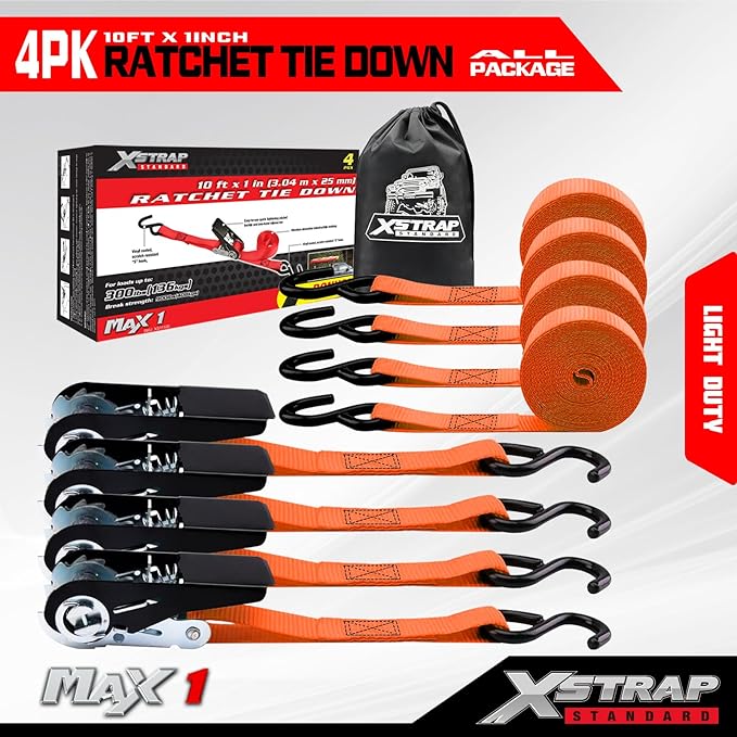 XSTRAP STANDARD Ratchet Tie Down Straps 4 Pk 10 Ft- 300 Lbs Load Cap- 900 Lbs Break Strength-Cargo Straps for UTV, ATV, Pickup,Truck, Moving Appliances, Lawn Equipment, Orange