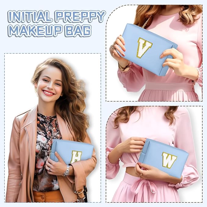 TOPEAST Preppy Bag, Monogrammed Makeup Bags with Zipper, Cute Makeup Pouch, Initial Birthday Gifts Bag for Daughter Friends Sister, Preppy Things for Girls (Sky Blue H)