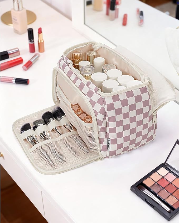 Narwey Large Travel Toiletry Bag, Wide-open Travel Bag for Toiletries, Toiletry Bags for Traveling Women, Cosmetic Make Up Makeup Bag Organizer with Wet Pocket, Skincare Bag (Dusty Pink Checkerboard)