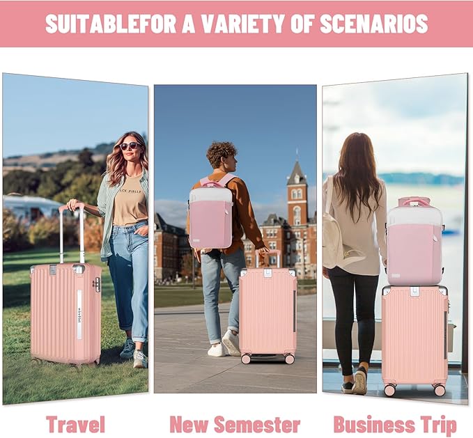 22x14x9 Airline Approved Vintage Style Carry On Luggage with Backpack Sets for Women, ABS+PC Hardshell Small 20 inch Retro Suitcase with Protective Cover & Tag (Pink, 20in/BP/TB)