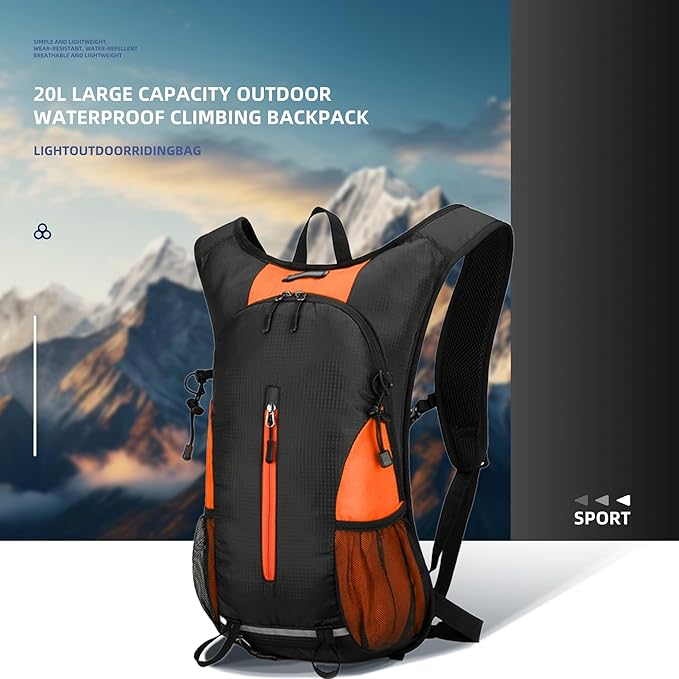 25L Ultralight Lightweight Waterproof HikingBackpack Foldable Travel Camping Hiking Outdoor Sports Backpack Daypack with reflective strips (Black Orange)