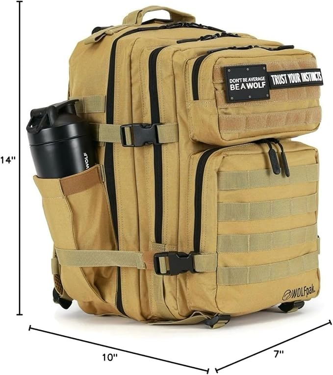 WOLFpak 35L Athletic Gym Backpack - Durable 1000D Waterproof Oxford Material with MOLLE Webbing, Laptop Pocket & Dual Cup Holders, Durable Fitness/Travel/Military Daypack (Khaki)