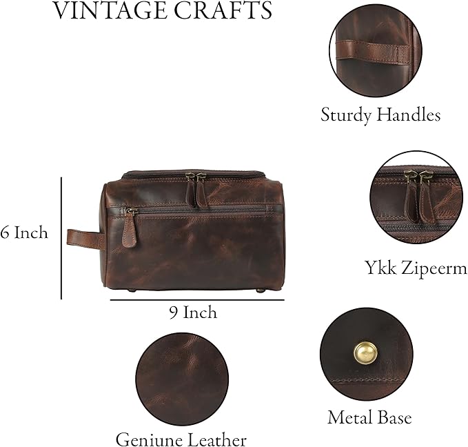 vintage crafts Genuine Leather Toiletry Bag for Men – Travel Dopp Kit with YKK Zippers & Metal Base, 9x6 Inches, Makeup Organizer Accessories Dopp Kit Bag