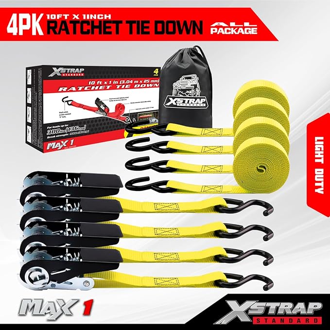 XSTRAP STANDARD Ratchet Tie Down Straps 4 Pk 10 Ft- 300 Lbs Load Cap- 900 Lbs Break Strength-Cargo Straps for UTV, ATV, Pickup,Truck, Moving Appliances, Lawn Equipment, Yellow