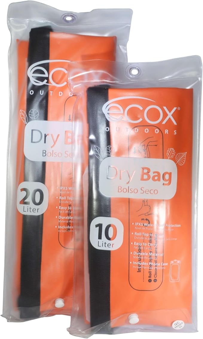 ecox Outdoors Waterproof Dry Bag for Outdoors Activities High Grade 500D PVC Construction Includes Waterproof Phone Case and Side Strap for Easy Carry 10L and 20L Models