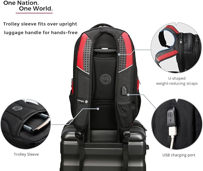 Swissdigital Design Men's Laptop Backpack for College and Business Travel with Integrated USB Charging Port and RFID Protection Fits 15.6" Laptops Black/Red | J14-41