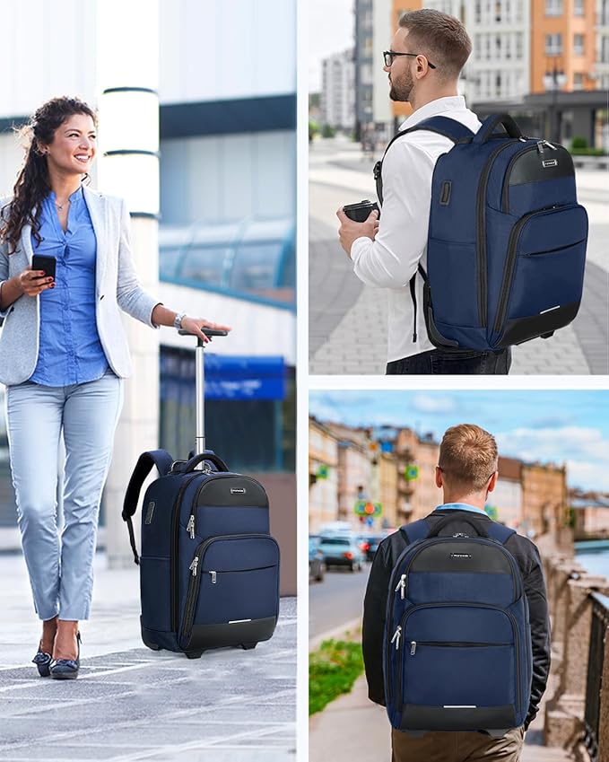 Rolling Backpack, 30L Travel Laptop Backpack with Wheels, 15.6 Inch Personal Item Roller Luggage with USB Charging Port Flight Approved for Men Women Adults, Blue
