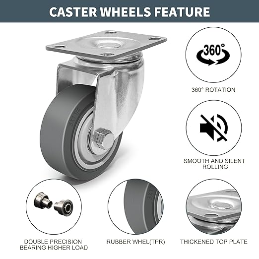 3 Inch Caster Wheels - Set of 4 Heavy Duty Rubber Castors With Brake 1200Lbs, Silent Industrial Plate Casters for Cart Furniture Workbench (2 Brake & 2 Swivel)