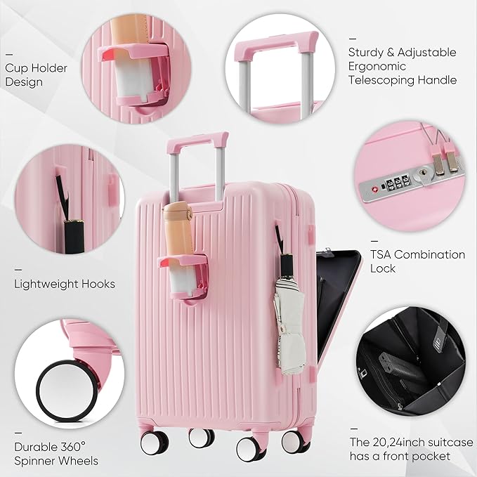 Merax 4-Piece Luggage Set with USB Charging Ports Suitcase with TSA Lock Travel Duffel Bag Wet-Dry Toiletry Bag, pink+Bag