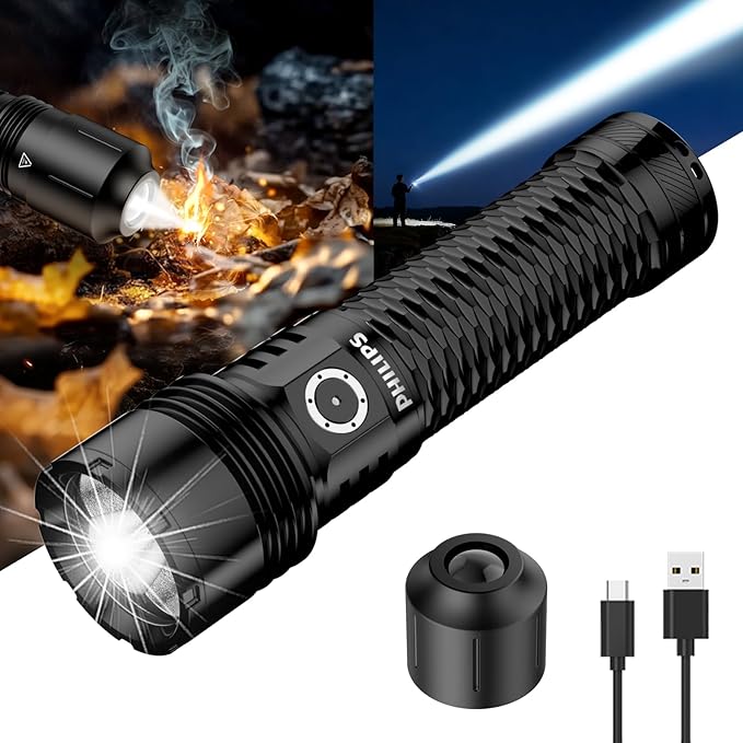 Philips Rechargeable Flashlights High Lumens with Ignition Lens,13000lm Professional Smart Super Bright Flashlight with Stepless Dimming&Smart Memory,Waterproof,Powerful Handheld LED Flash Light