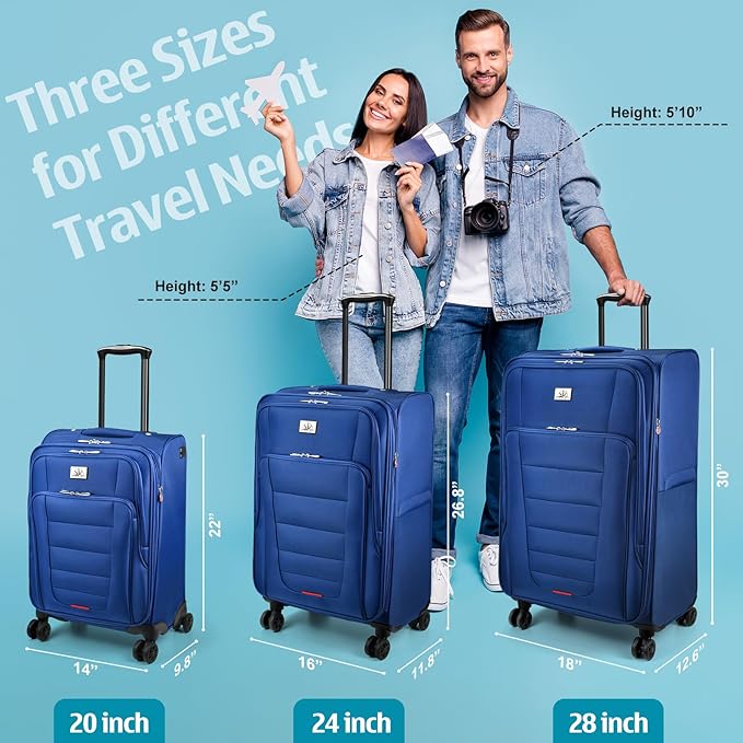 Verdi Luggage Sets of 2 Suitcase with Spinner Wheels Softside Expandable, Carry On Luggage with USB Port (Navy, 2-Piece set(20/28))