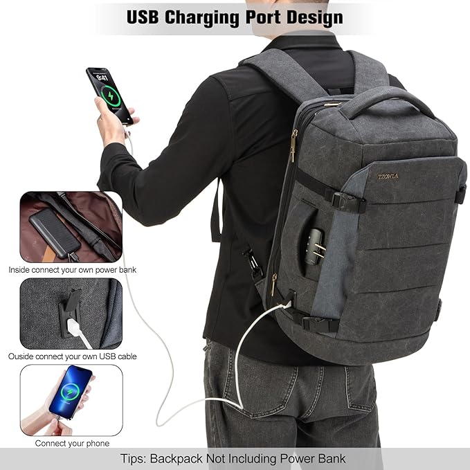 Tzowla 40L Canvas Expandable Travel Laptop Backpack for Men Women Carry on Flight Approved,Large Capacity Anti Theft Backpacks with USB Port,Vintage Personal Item Bag Fit 17.3" Laptop(Black & Blue)