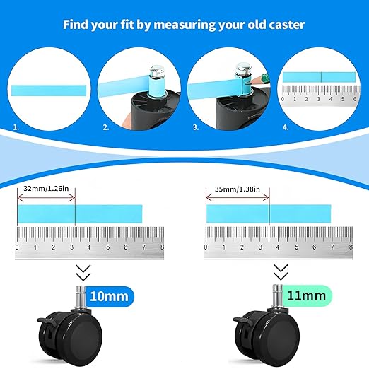 MySit Office Chair Wheels Casters 10x22mm with Brake Set of 5 Heavy Duty Mute PU Caster Replacement Easy Installation Compatible with IKEA for Hardwood Floors